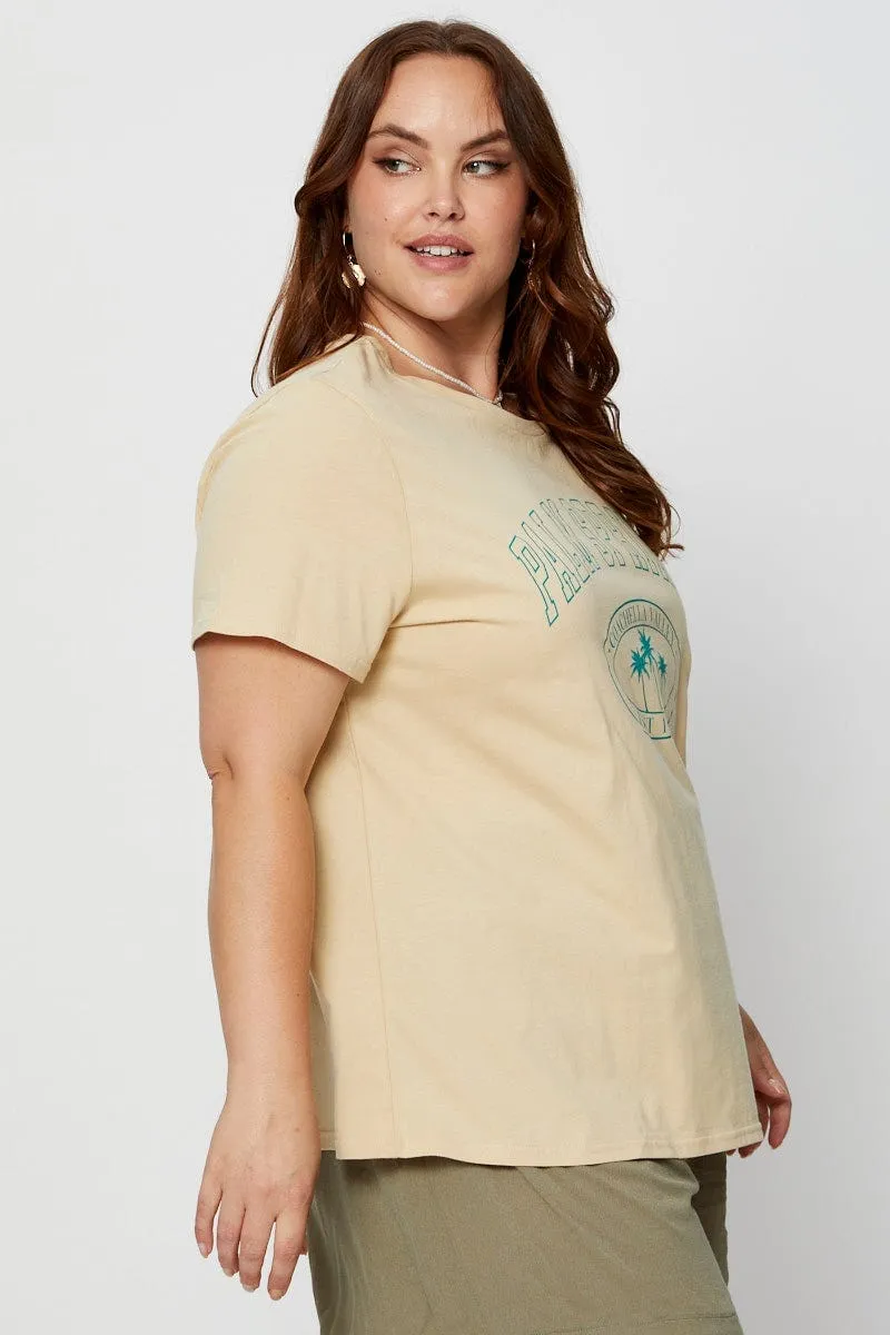 Beige Graphic T-shirt Crew Neck Stretch Fabric Technology Flattering Shape