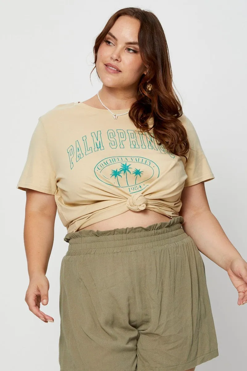 Beige Graphic T-shirt Crew Neck Fashion-Forward Look