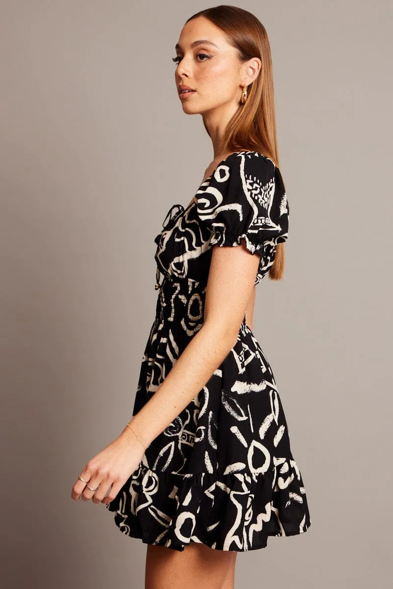 Black Abstract Fit And Flare Dress Mini Versatile Layering Classic cute short dress