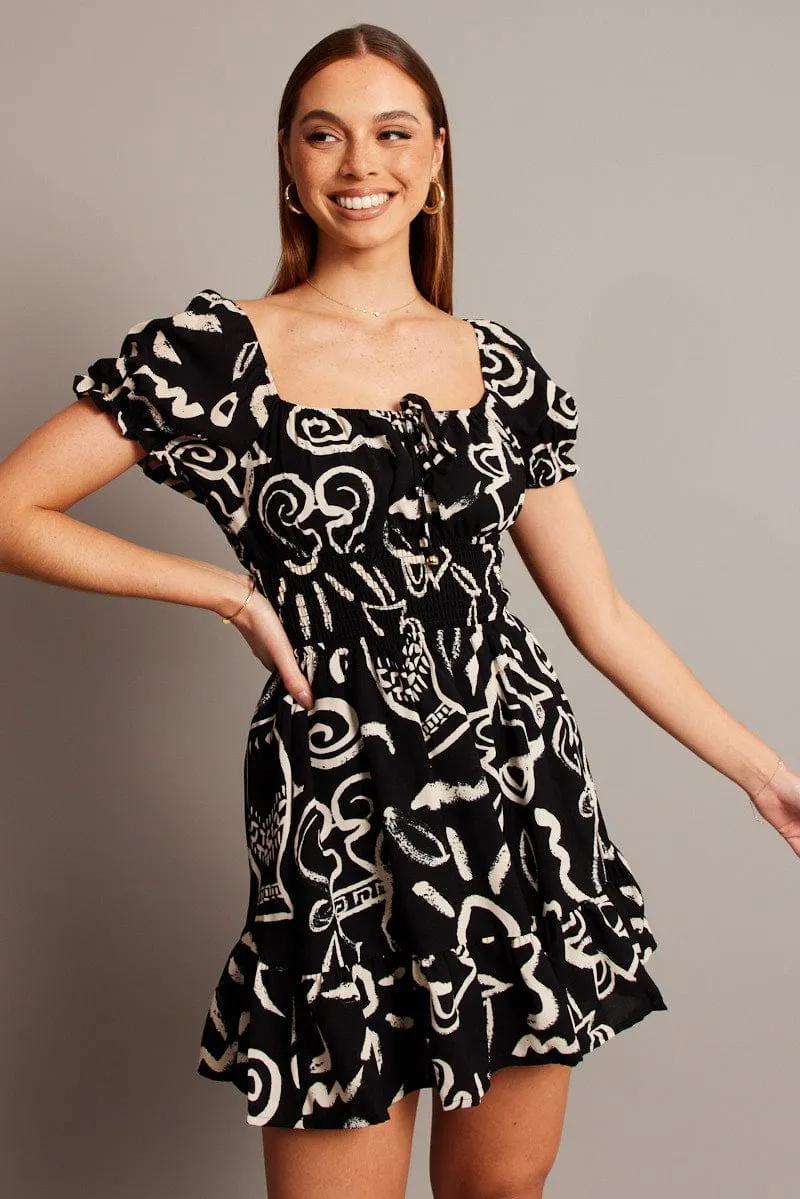 Black Abstract Fit And Flare Dress Mini Seamless construction Edge Light