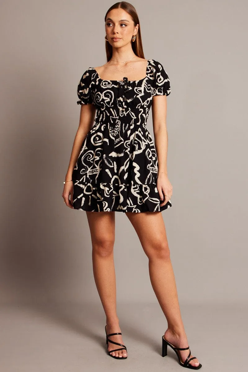 Black Abstract Fit And Flare Dress Mini Gathered Waist Technique