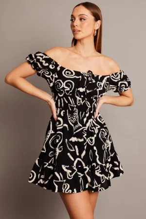 Look Hot Urban Glow Black Abstract Fit And Flare Dress Mini