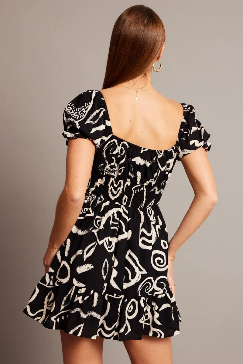 Black Abstract Fit And Flare Dress Mini Versatile Layering Glow Light
