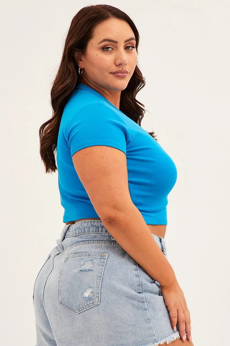 UltraSoftBrushedInterior Layered Wear Blue Crew Neck Short Sleeve Crop Top