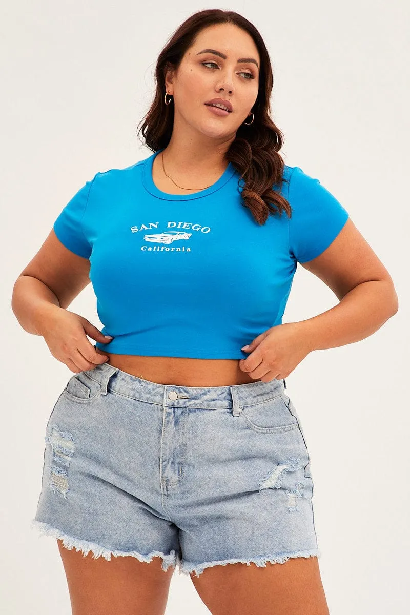 Casual Essential Effortless Wear Blue Crew Neck Short Sleeve Crop Top