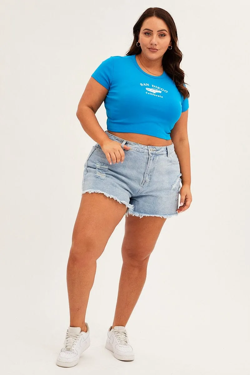 Blue Crew Neck Short Sleeve Crop Top Basic Layer Seamless Edging