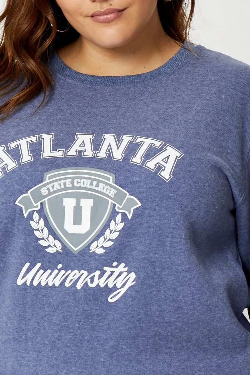 Pockets Blue Fleece Sweatshirt Atlanta Embroidered Long Sleeve