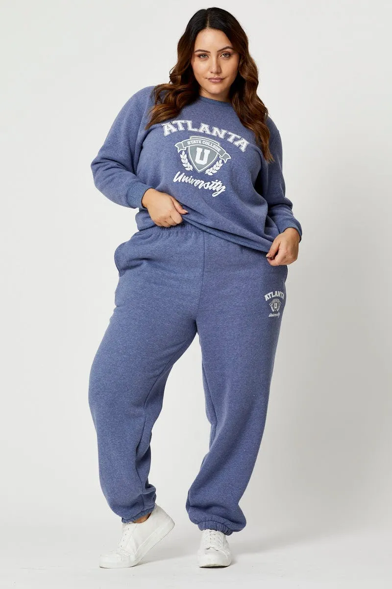 Casual Hoodie Style Blue Fleece Sweatshirt Atlanta Embroidered Long Sleeve
