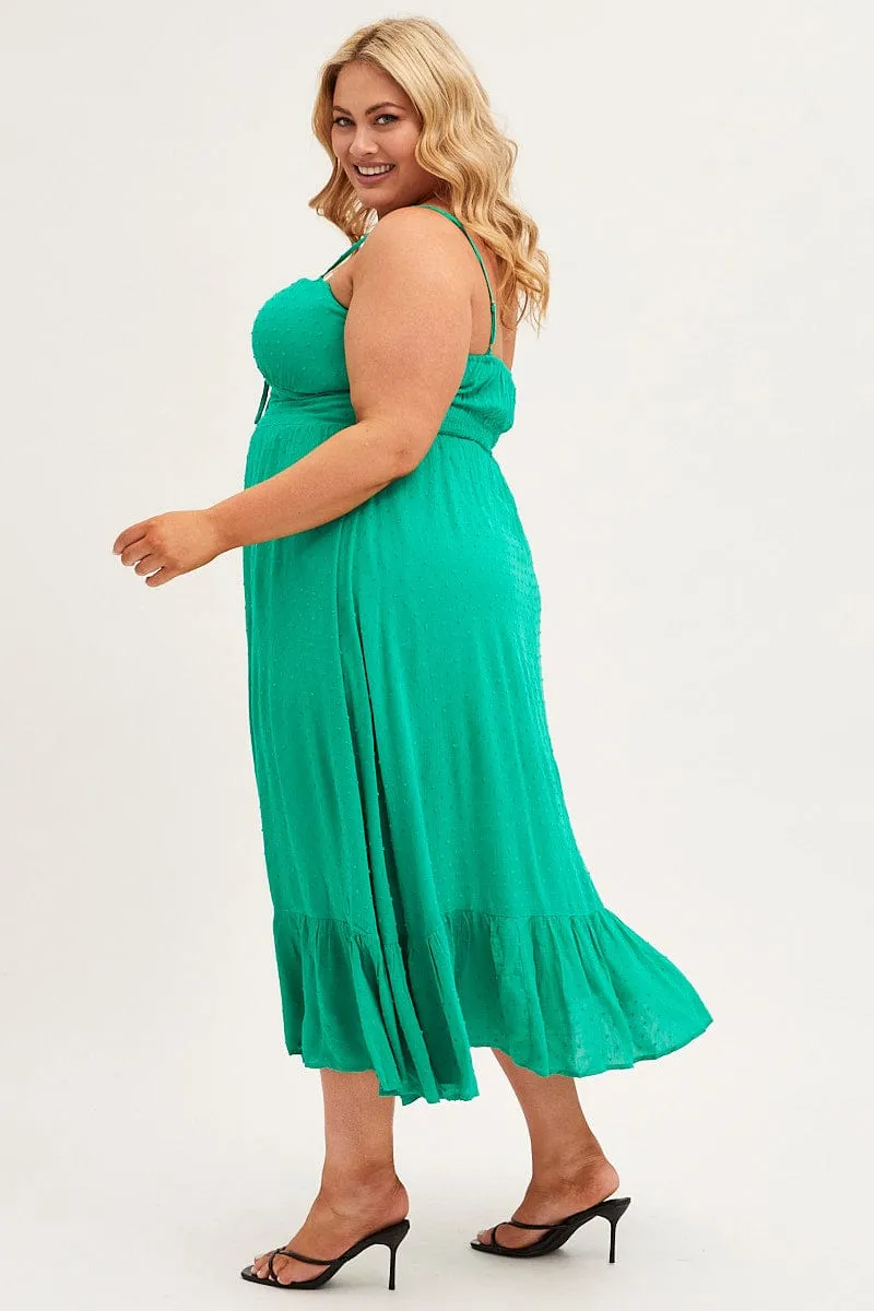 Modern Style Green Midi Dress Shoestring Strap Gather Bust Frill Hem