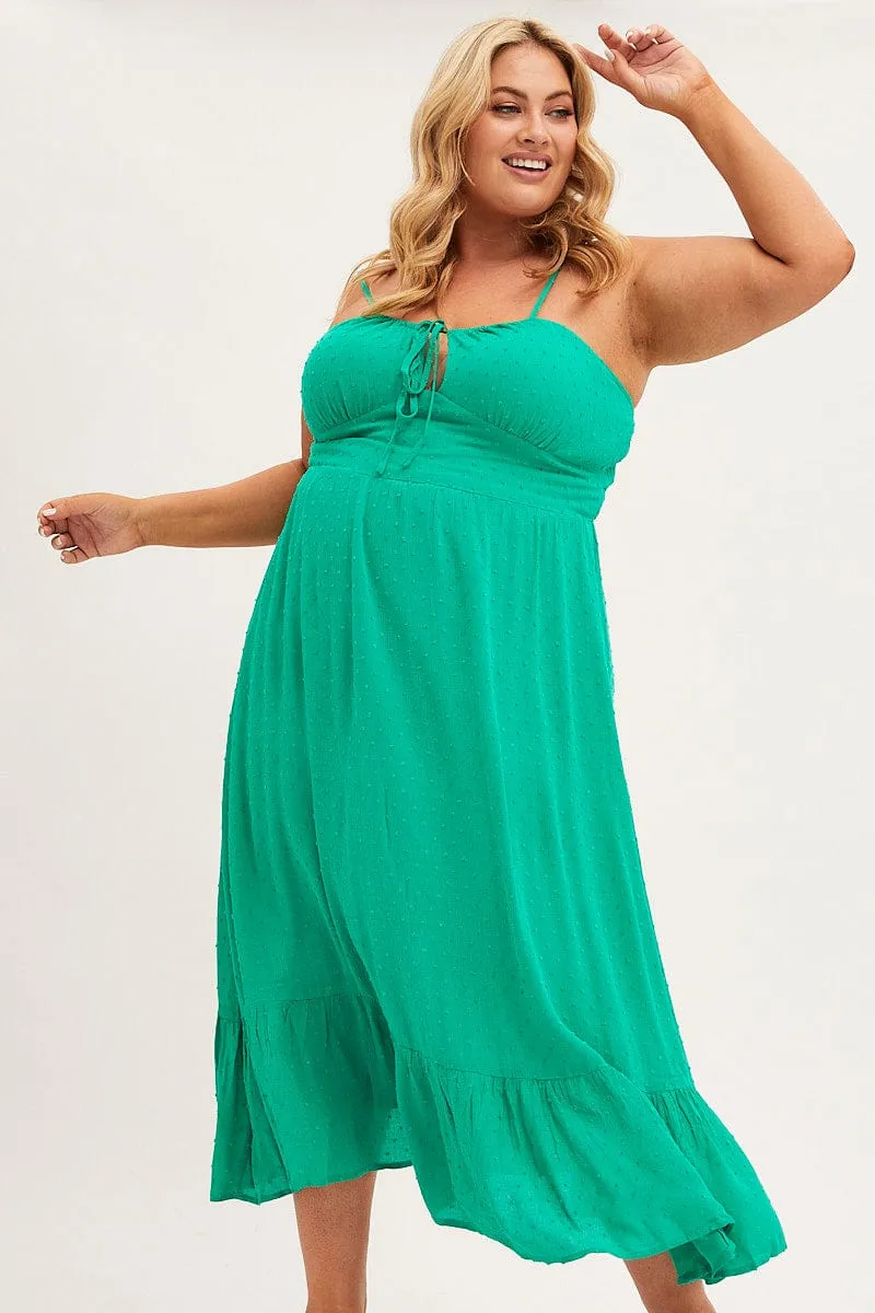 Flattering dress for all body shapes Green Midi Dress Shoestring Strap Gather Bust Frill Hem