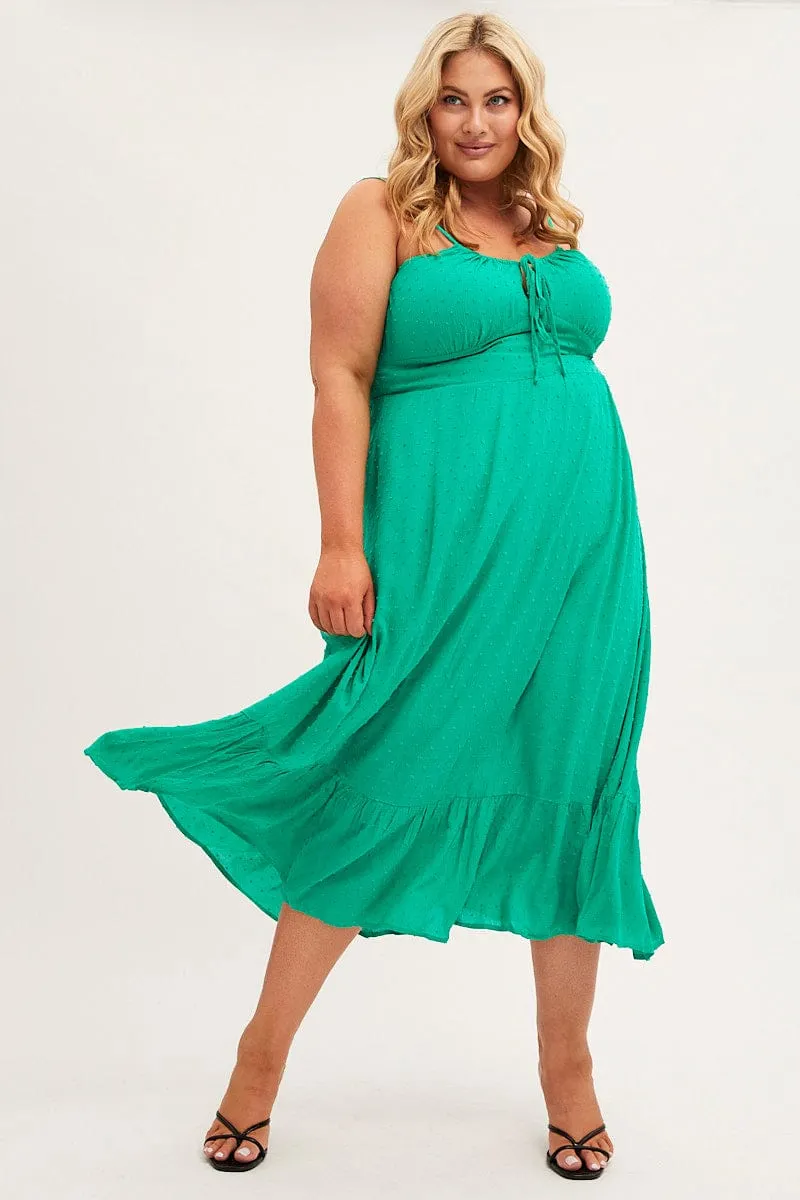 Green Midi Dress Shoestring Strap Gather Bust Frill Hem One Step Look