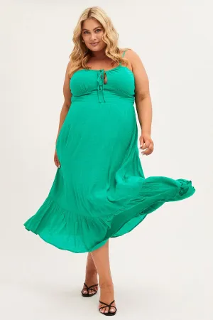 High impact Coral Glow Green Midi Dress Shoestring Strap Gather Bust Frill Hem