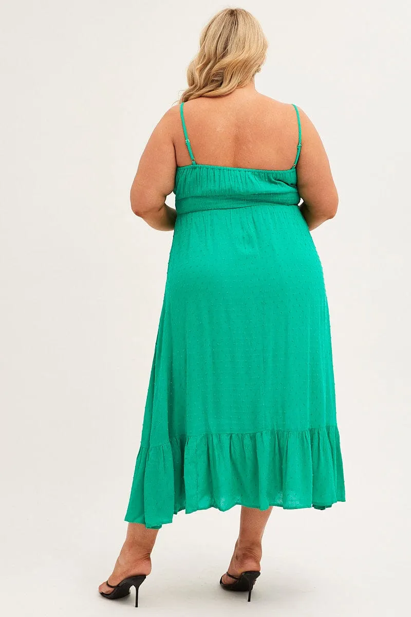 Green Midi Dress Shoestring Strap Gather Bust Frill Hem Comet Tail Comfortable Style
