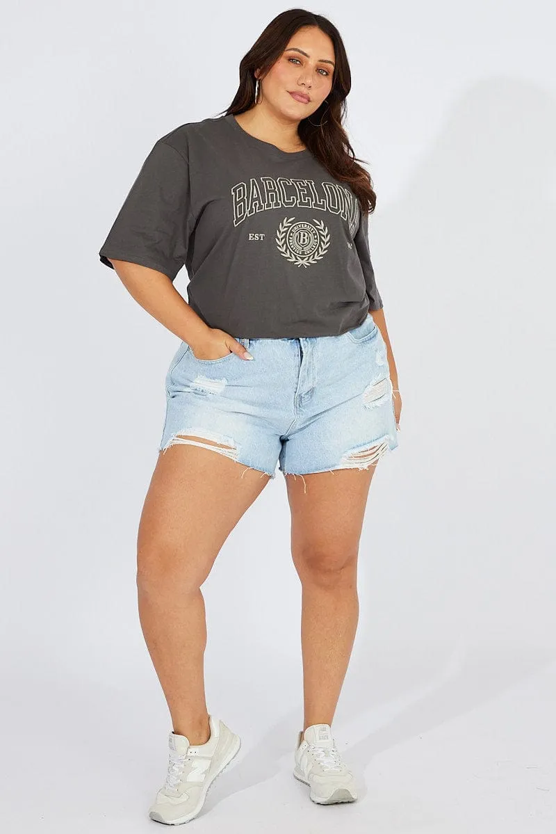 Grey Graphic T-shirt Short Sleeve Crew Neck Perfect Fit