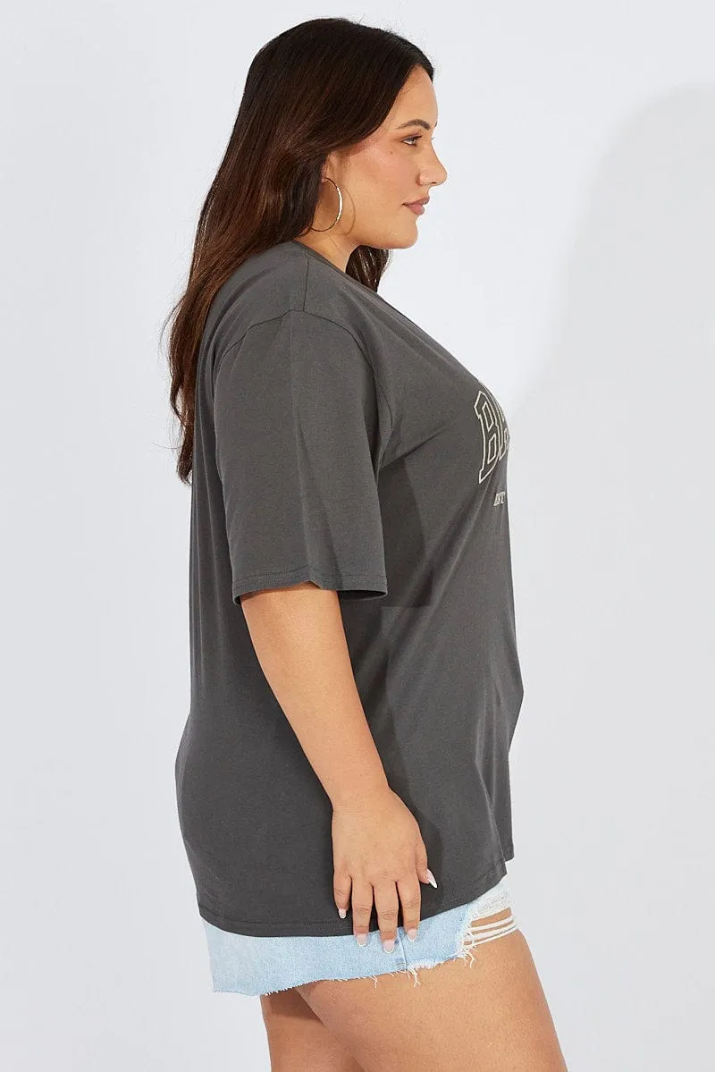Grey Graphic T-shirt Short Sleeve Crew Neck Colorfast Material
