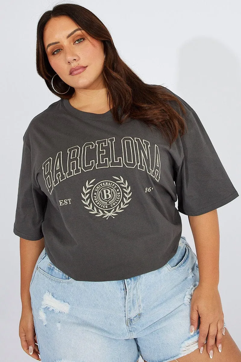 Grey Graphic T-shirt Short Sleeve Crew Neck StretchFabric Quality Comfort