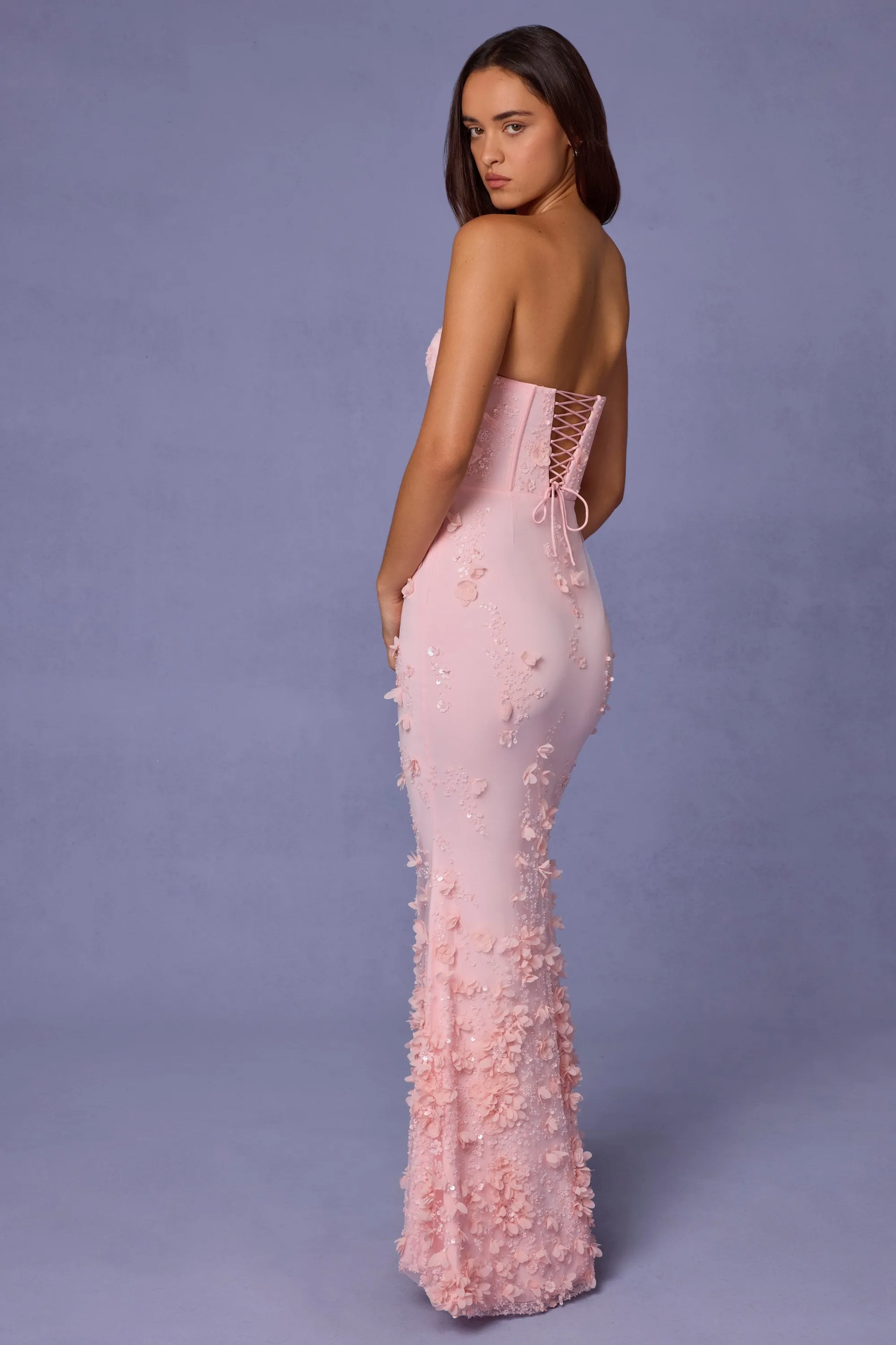 Pearl Glow Lace-Up Corset Maxi Dress in Soft Pink