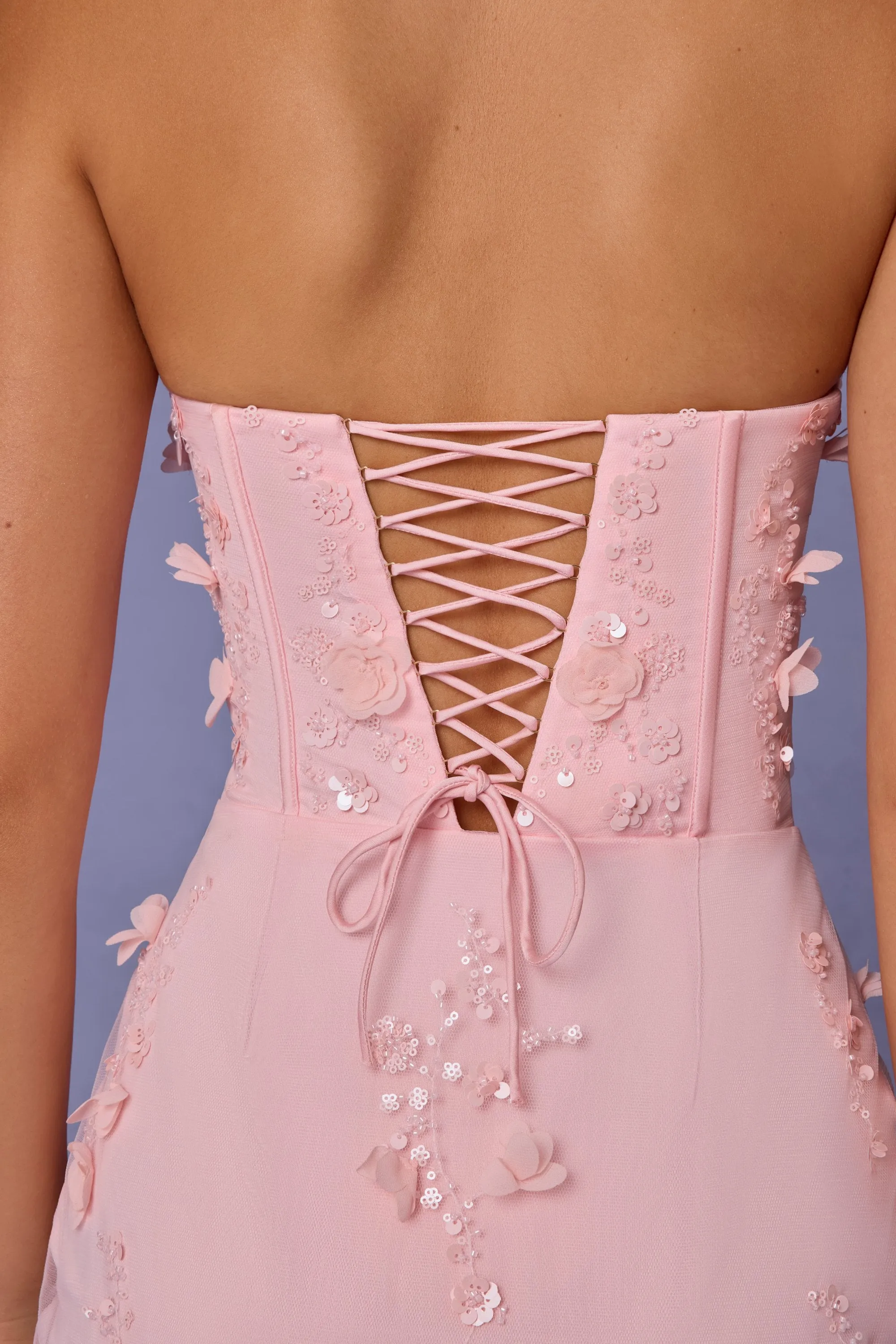Silk Drape Iron Glow Lace-Up Corset Maxi Dress in Soft Pink