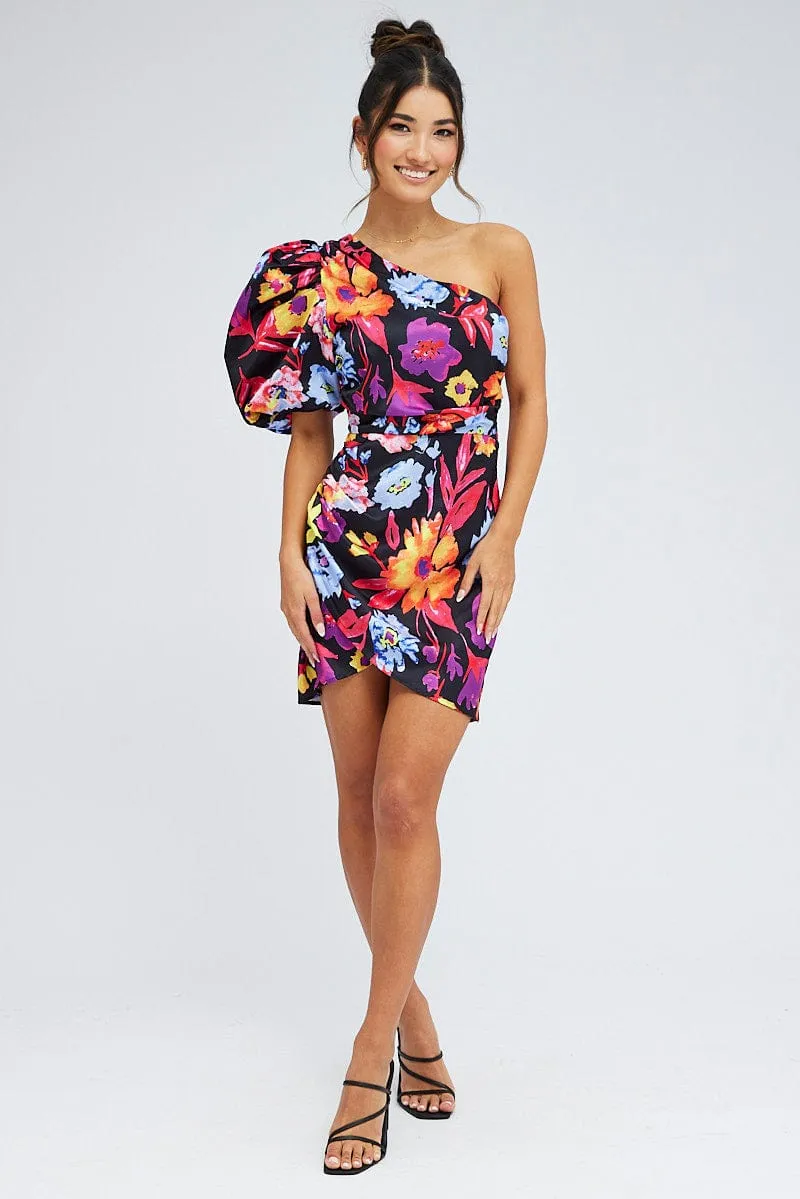 Multi Floral One Shoulder Puff Sleeve Statement Mini Dress Ruched Bodice Structure Party Glow
