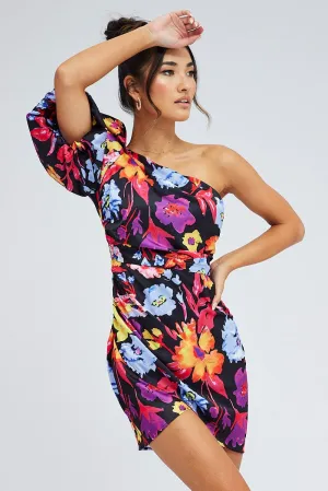 Multi Floral One Shoulder Puff Sleeve Statement Mini Dress Pop Beat