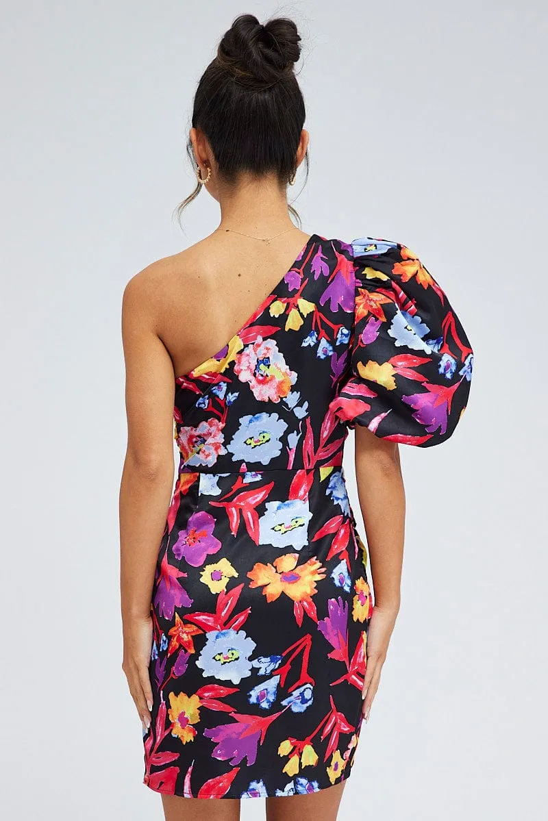 Vibrant color Multi Floral One Shoulder Puff Sleeve Statement Mini Dress