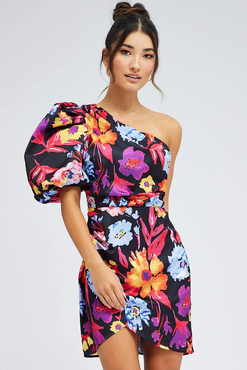 Star Edge Multi Floral One Shoulder Puff Sleeve Statement Mini Dress