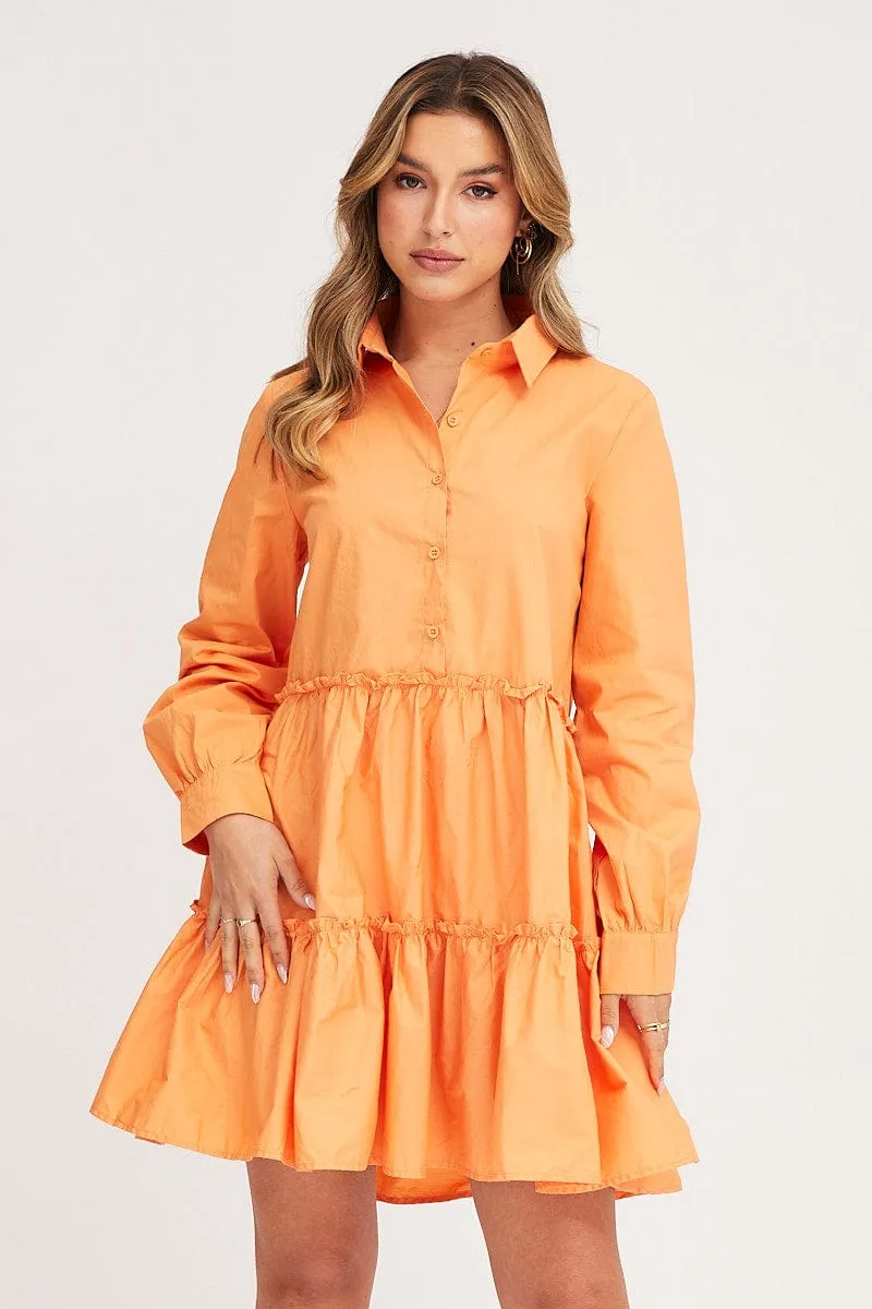 Orange Shirt Dress Long Sleeve Mini ElasticCuffDesign NoSlipGrip