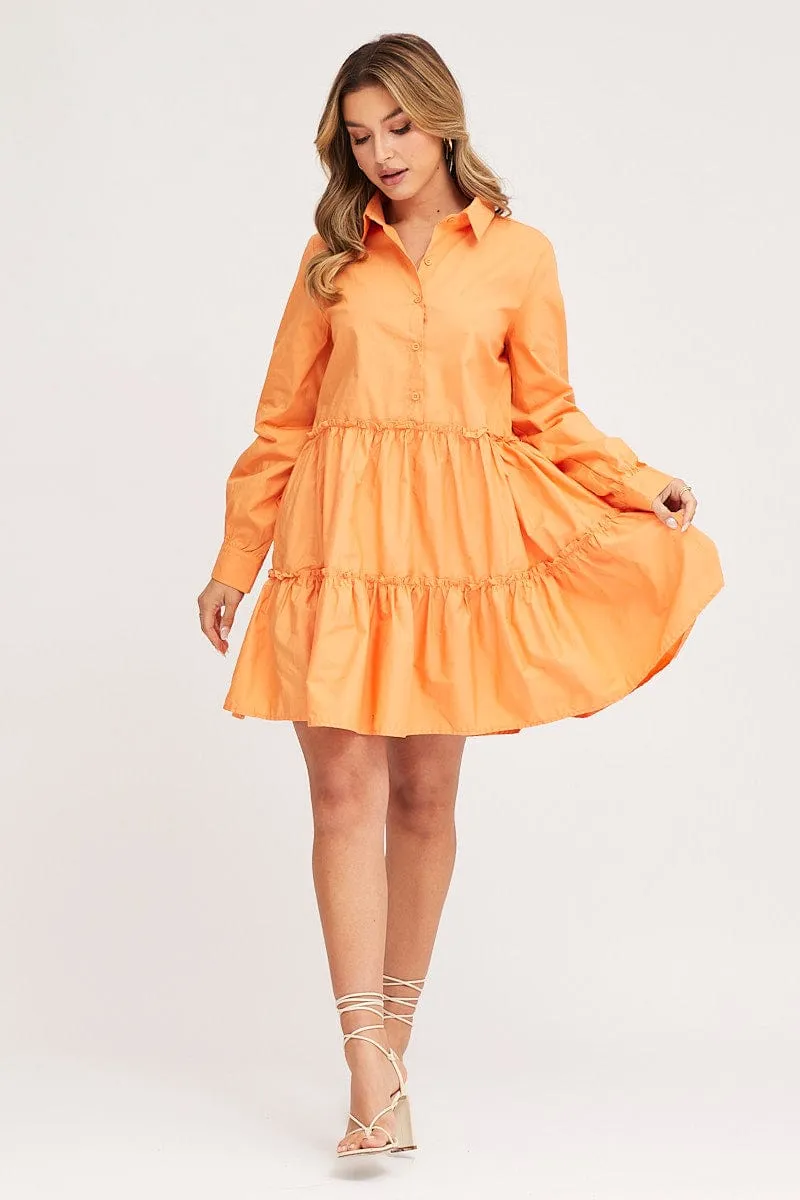 Leader Fit Trendy Jacket Orange Shirt Dress Long Sleeve Mini