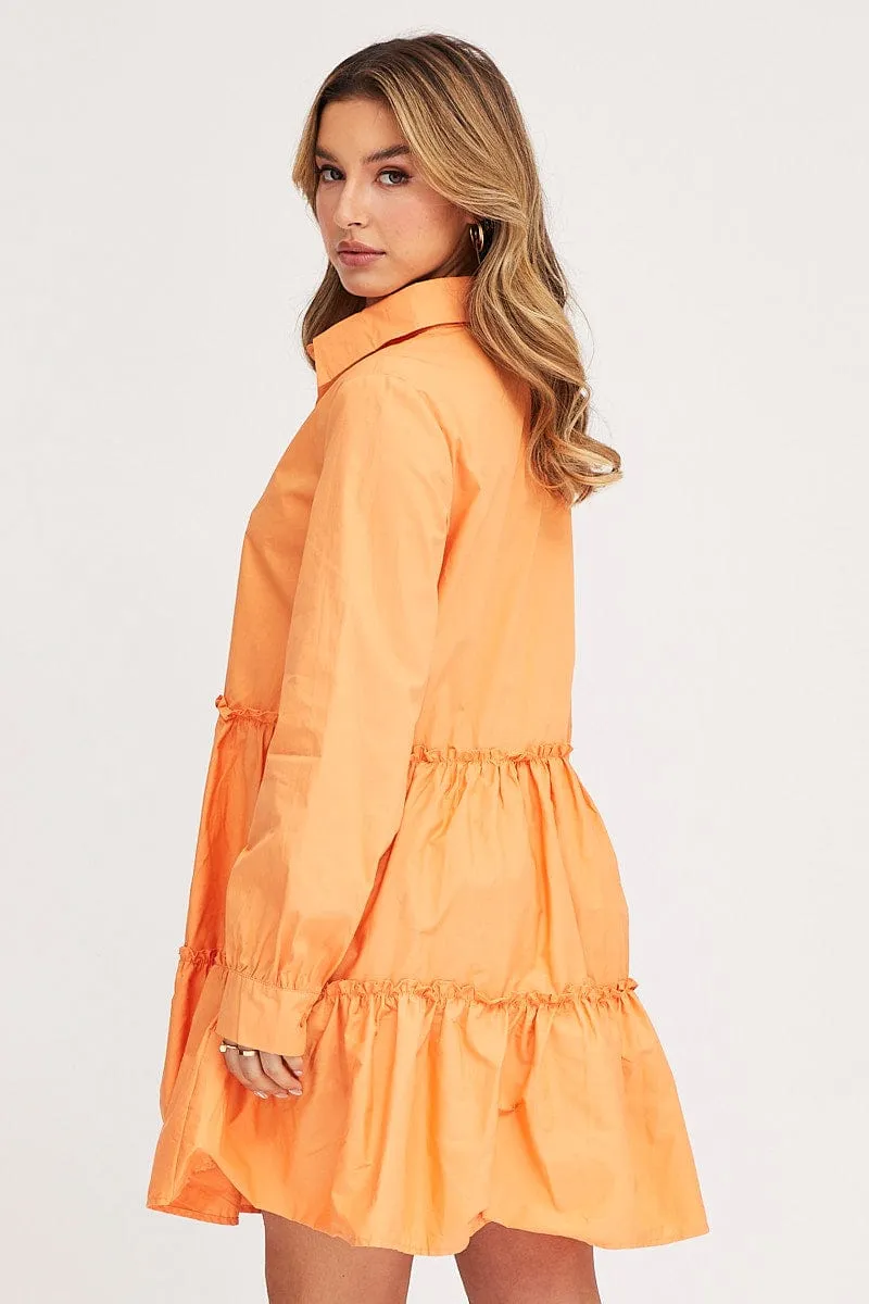 Compression Fit Sun shield Orange Shirt Dress Long Sleeve Mini