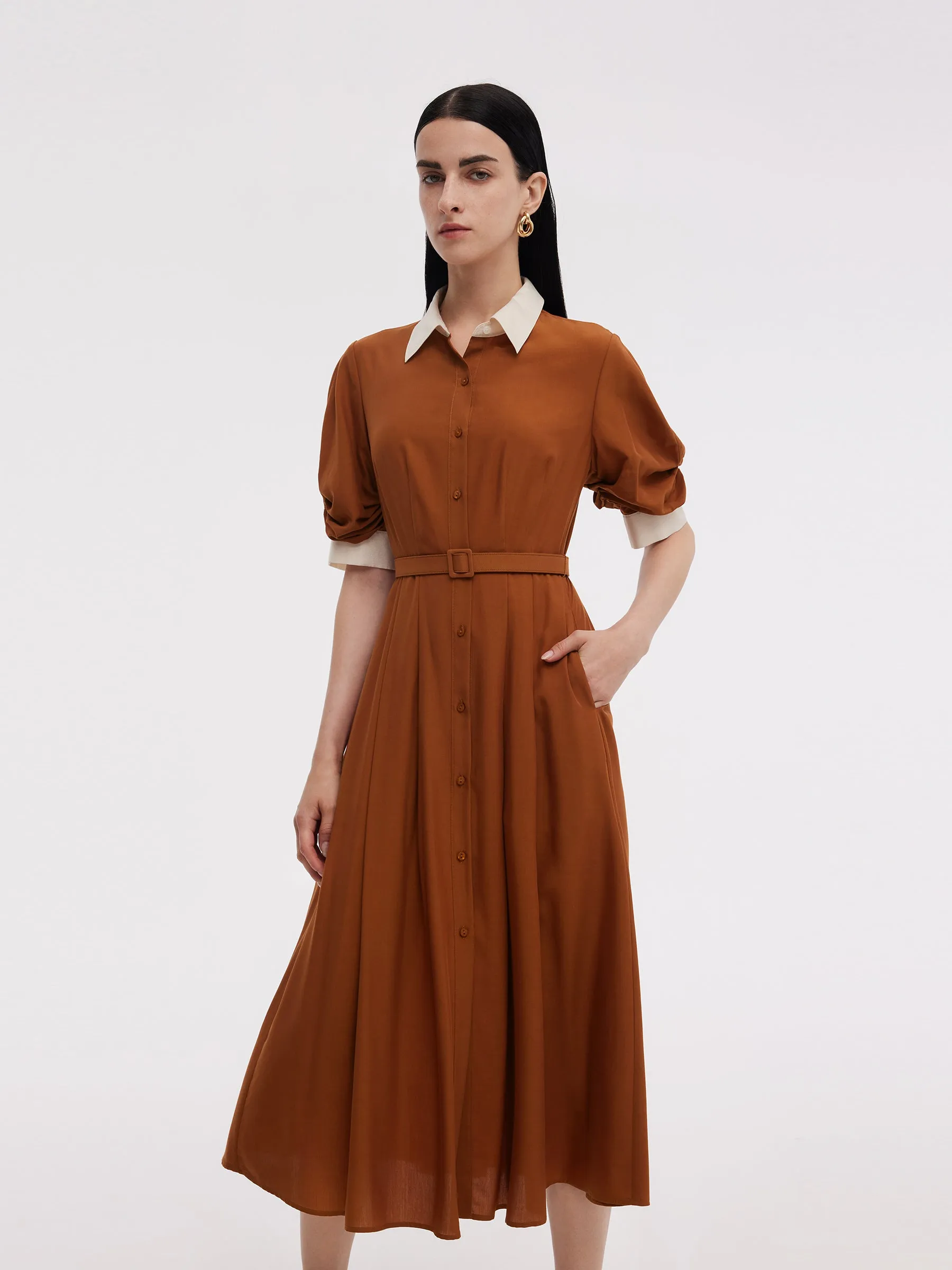 Elegant and timeless look Tencel Acetate Blend Color Block Women Midi Dress