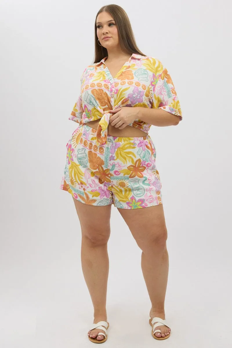 White Abstract Elastic Waist Shorts NonRestrictiveFit