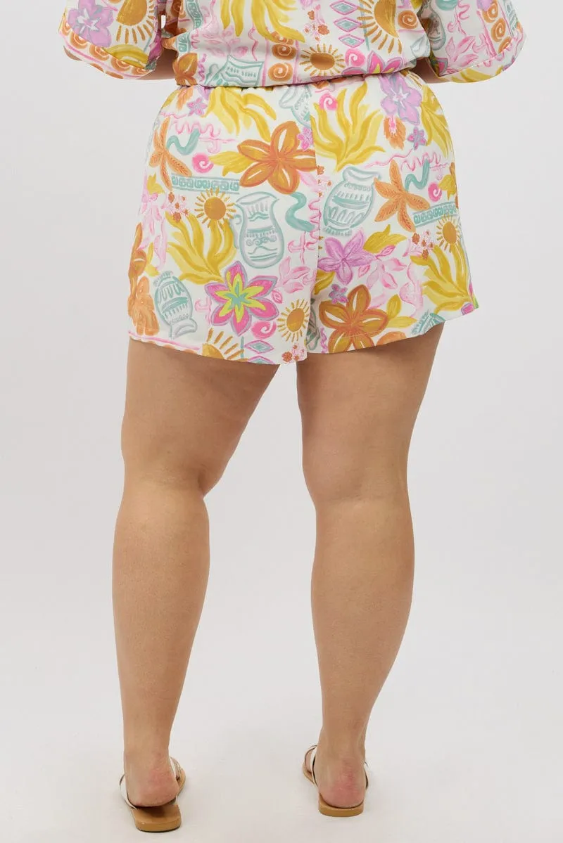 Brave Mode White Abstract Elastic Waist Shorts