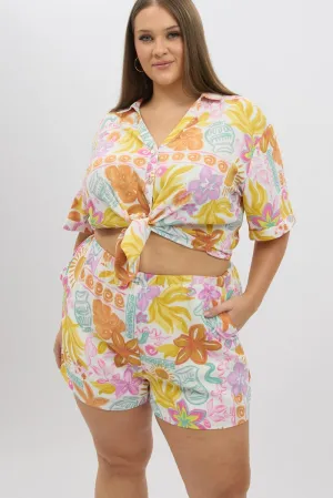 White Abstract Elastic Waist Shorts Trendy Outerwear