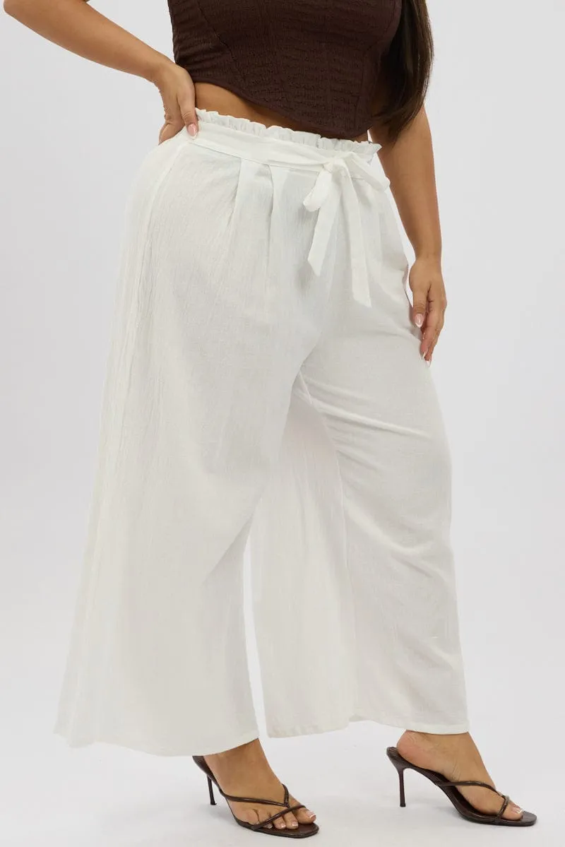 Stay Dry Tear Resistant Weave White Cotton Paperbag Waist Wide Leg Pants With Tie Belt