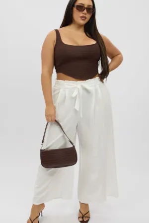 White Cotton Paperbag Waist Wide Leg Pants With Tie Belt EcoFriendlyDye