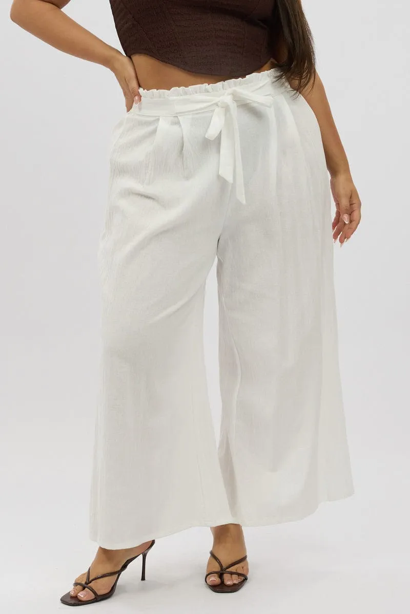 White Cotton Paperbag Waist Wide Leg Pants With Tie Belt Timeless Layers