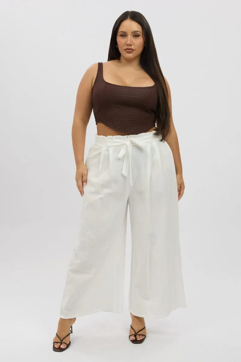 White Cotton Paperbag Waist Wide Leg Pants With Tie Belt Timeless Comfort Fit Ultra Soft Blend