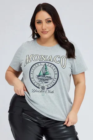 Grey Graphic T-shirt Short Sleeve Crew Neck Smart Casual