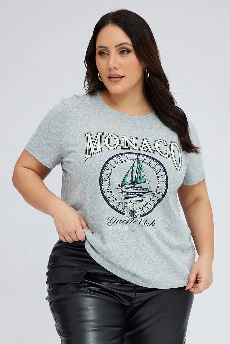 Grey Graphic T-shirt Short Sleeve Crew Neck Fresh and Cool