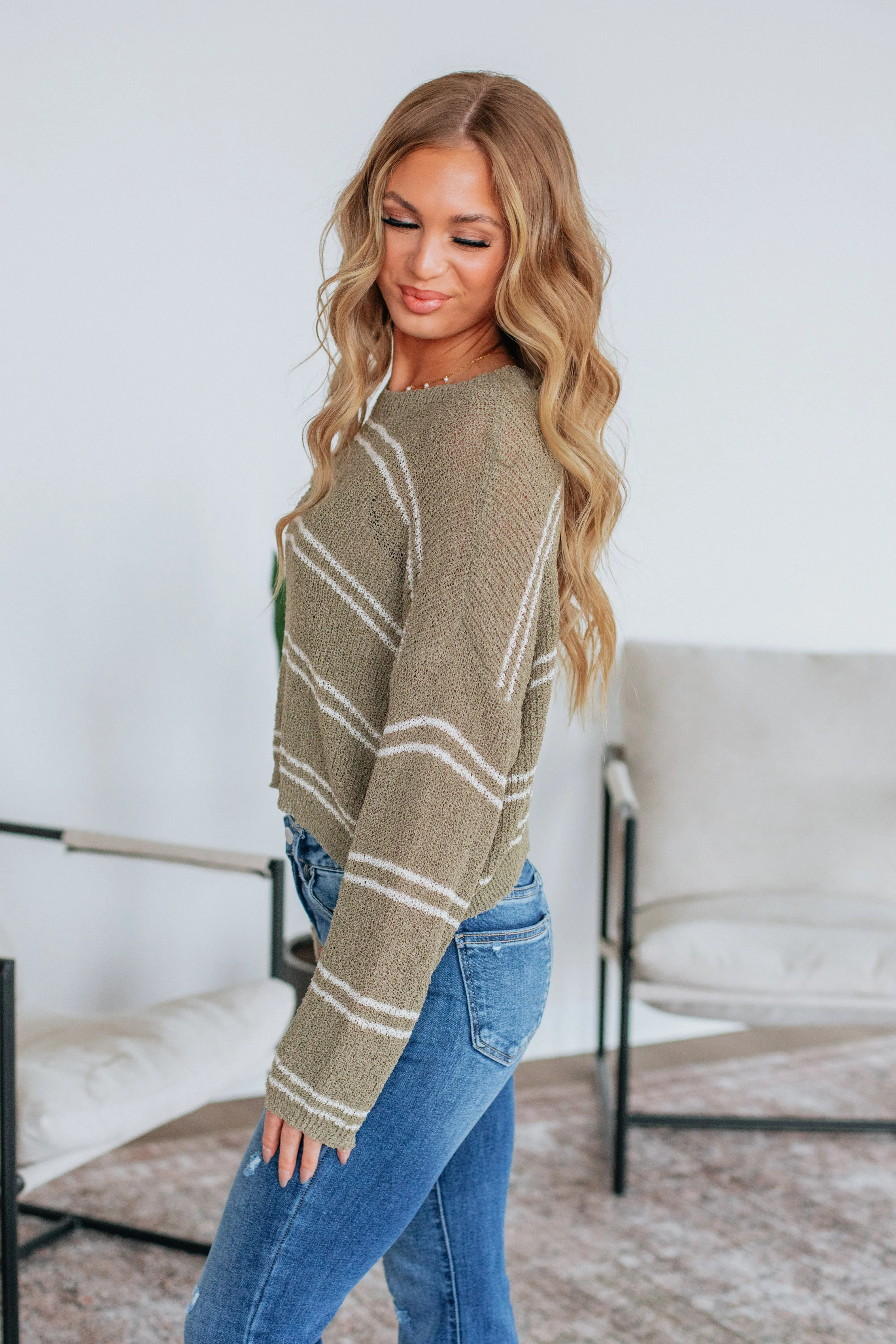 Street Style Snuggly Fit Geralyn Striped Sweater - Light Olive Mix