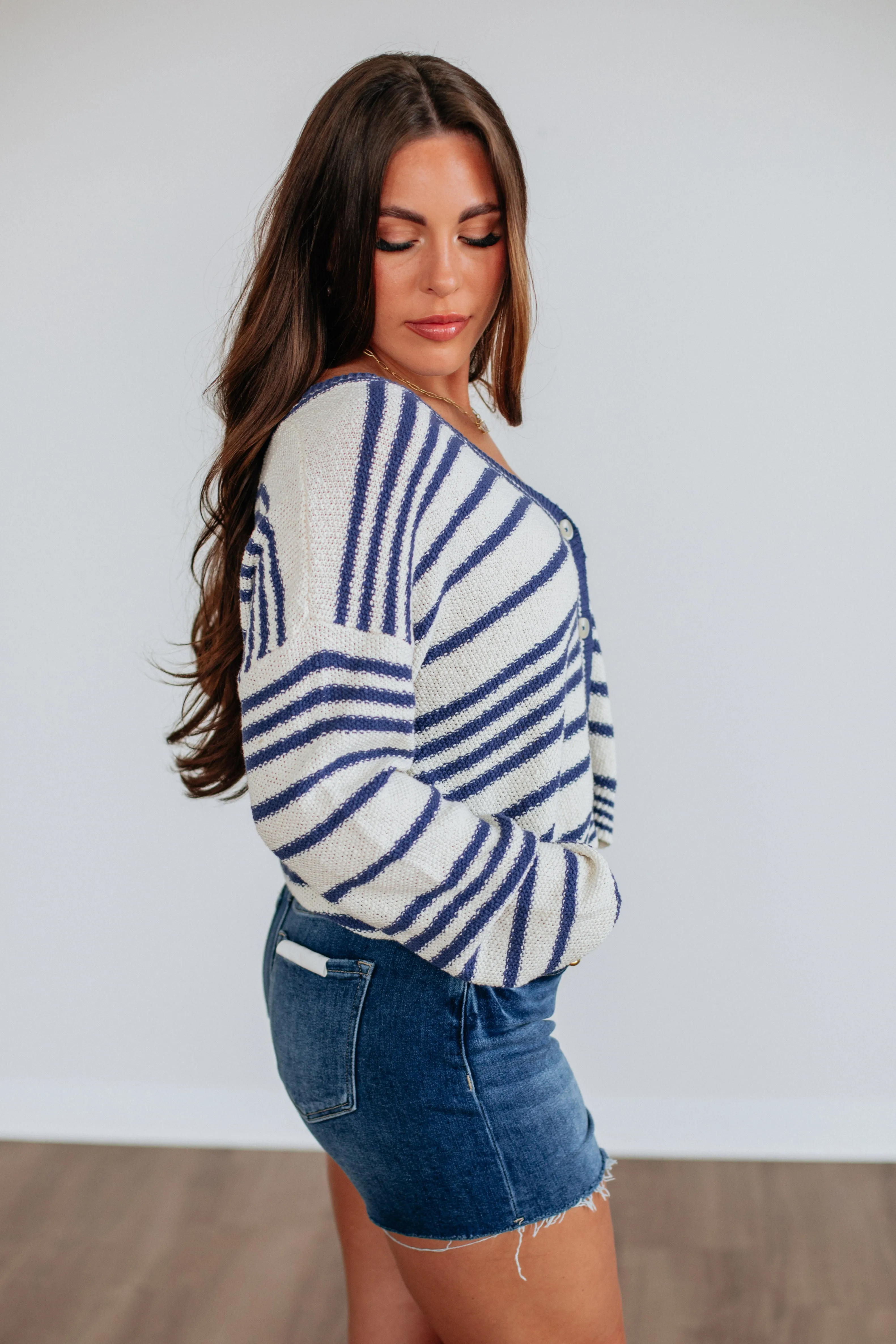 Lightweight Comfort Cozy Knit Fit Scottie Striped Cardigan - Navy Mix