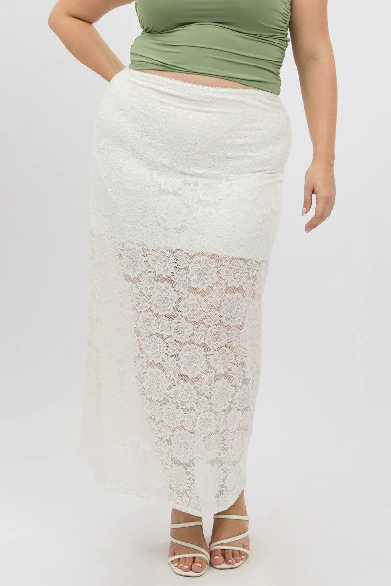 perforated design White Stretch Lace Maxi Skirt