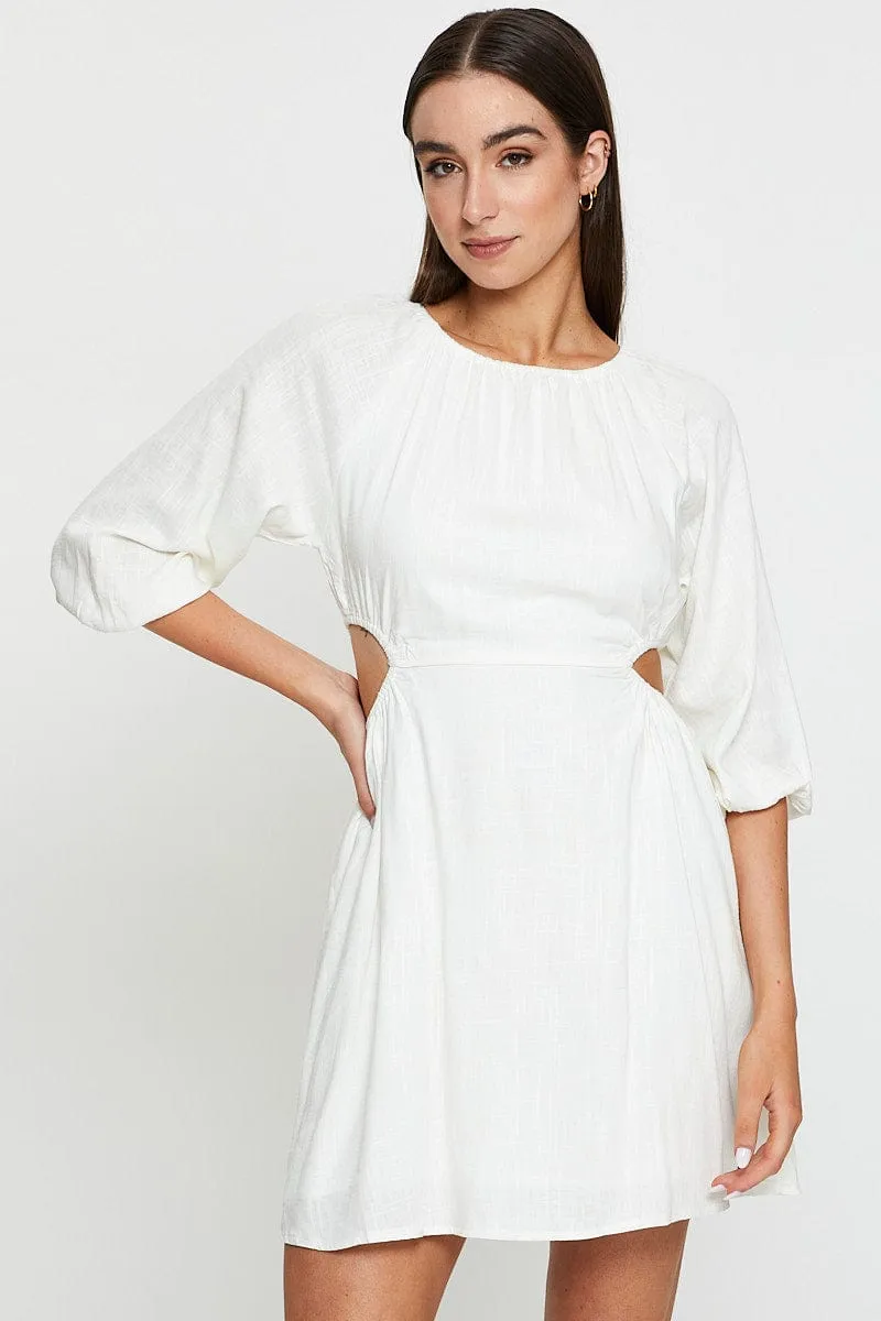 Beige Mini Dress Short Sleeve Linen Adjustable Ties