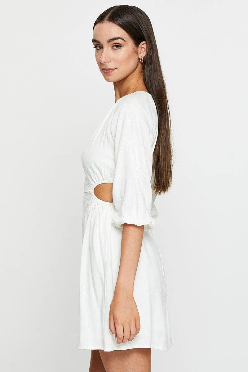 Pop Beat Beige Mini Dress Short Sleeve Linen