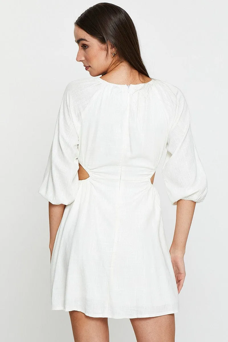 Beige Mini Dress Short Sleeve Linen Youthful Design