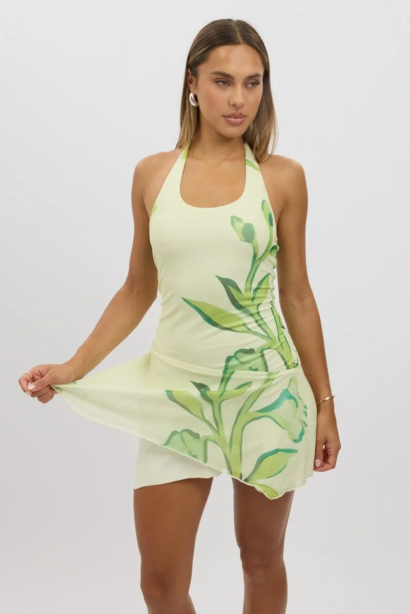 Fun Twist Yellow Floral Mini Dress Halter Neck Mesh
