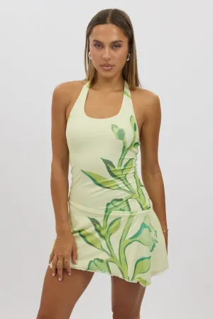 Sleek Fashion Yellow Floral Mini Dress Halter Neck Mesh