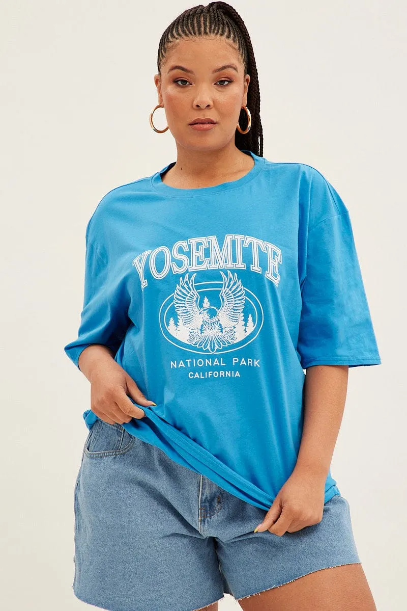 Blue Graphic T-shirt Short Sleeve Crew Neck Sustainable Dye Process Seam Free Shoulders