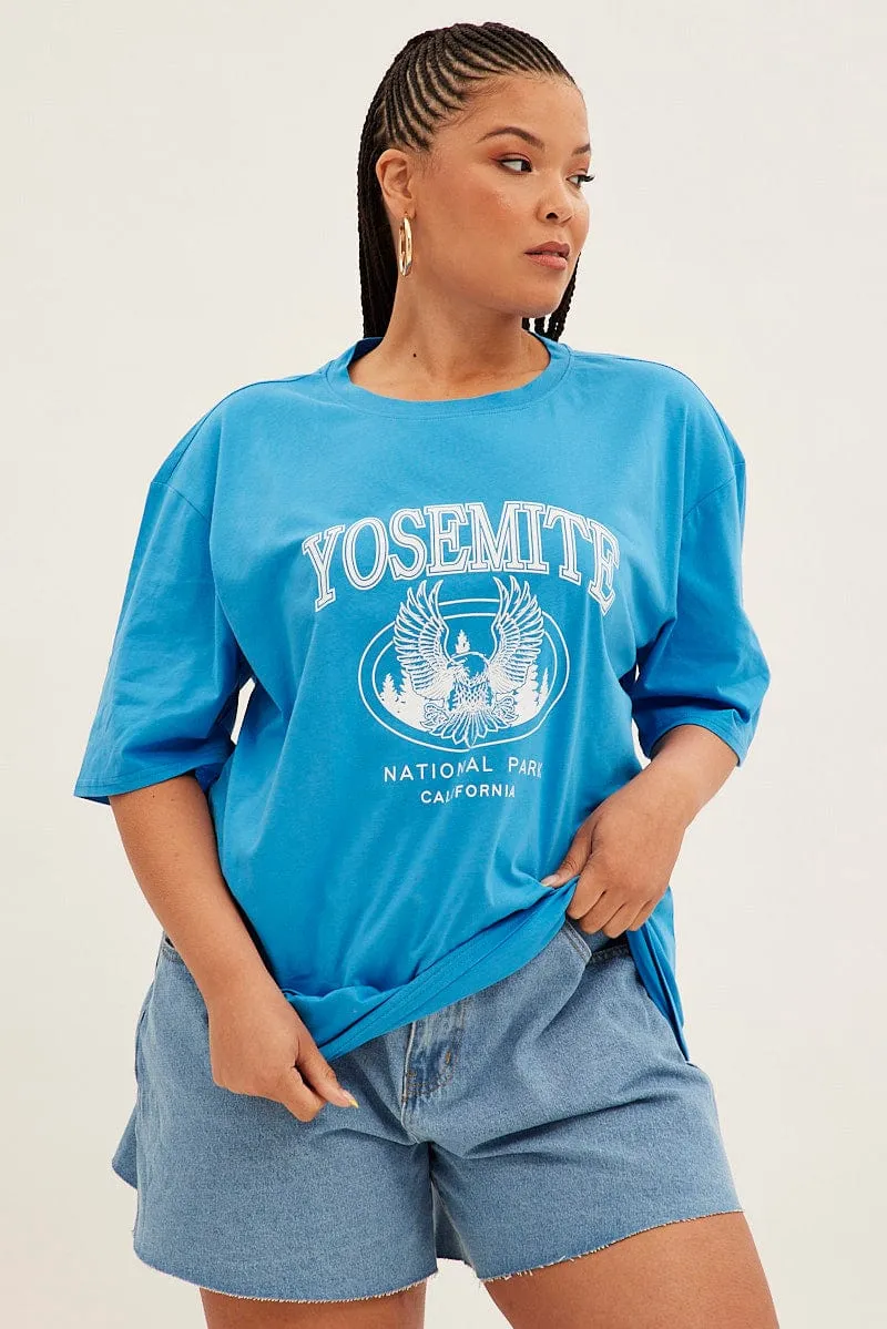Reinforced Shoulders Lightweight Comfort Blue Graphic T-shirt Short Sleeve Crew Neck