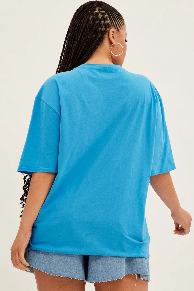 print design Comfortable Wear Blue Graphic T-shirt Short Sleeve Crew Neck